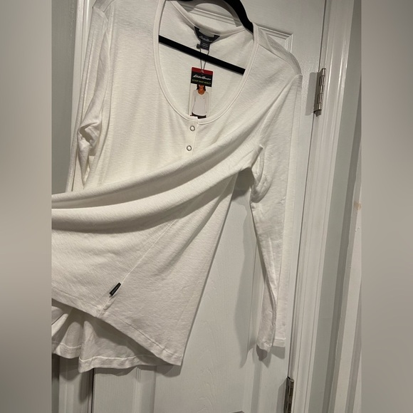 NWT Eddie Bauer Size XL White Cotton Scoop Neck Snap Long Sleeve Henley Top - Picture 8 of 14